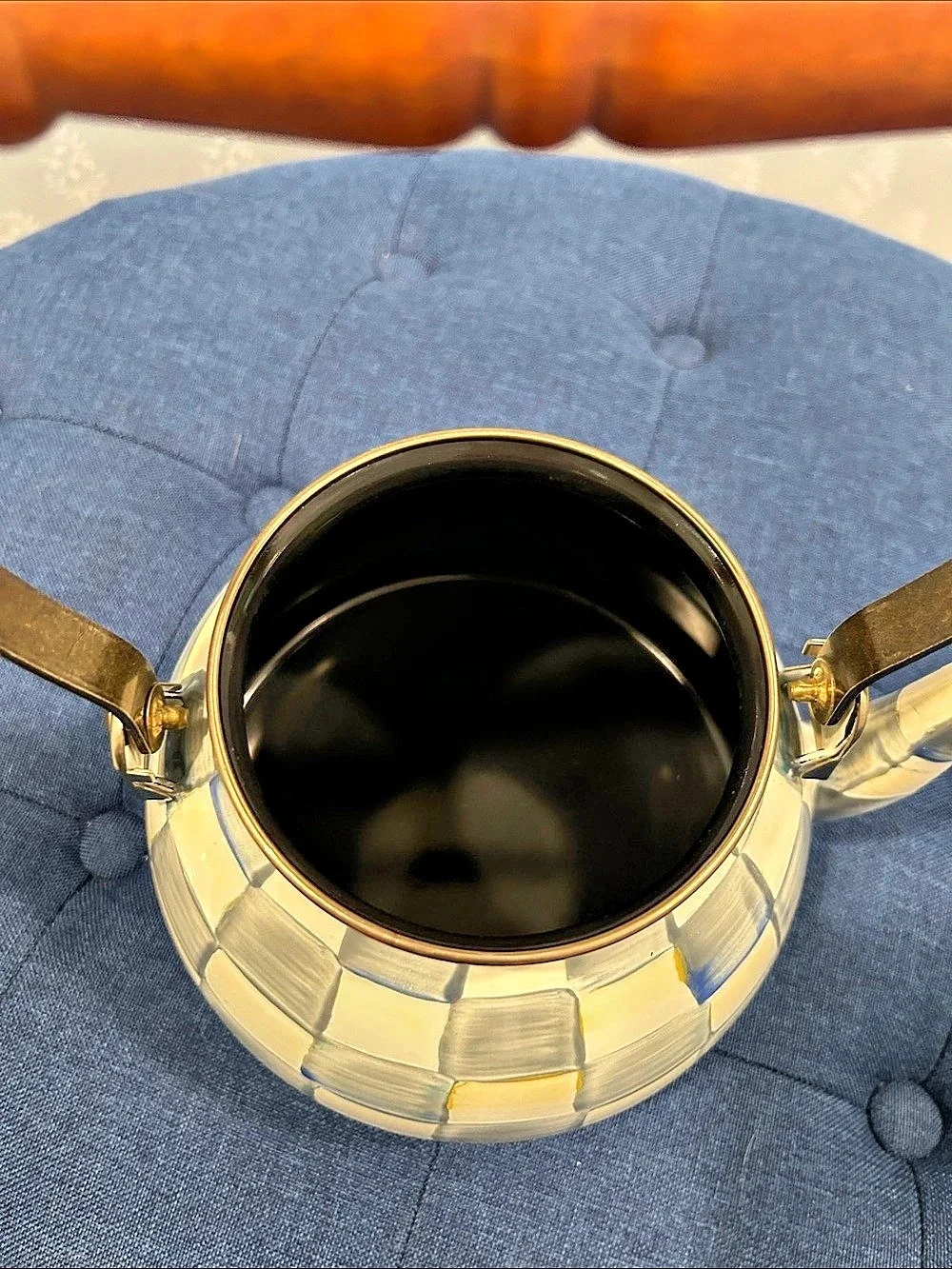 Mackenzie-Childs Sterling Check Enamel Tea Kettle White & Gray